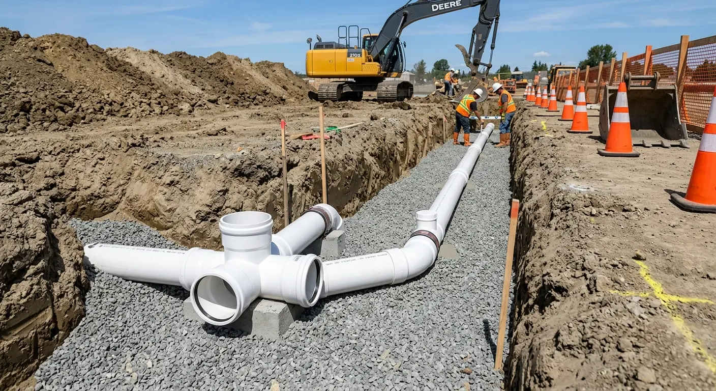New PVC sewer pipe installation in open trench for Commercial Drain Cleaning in Hebron
