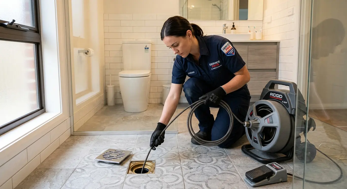 Technician clearing a bathroom floor drain for Drain Repair in Hebron